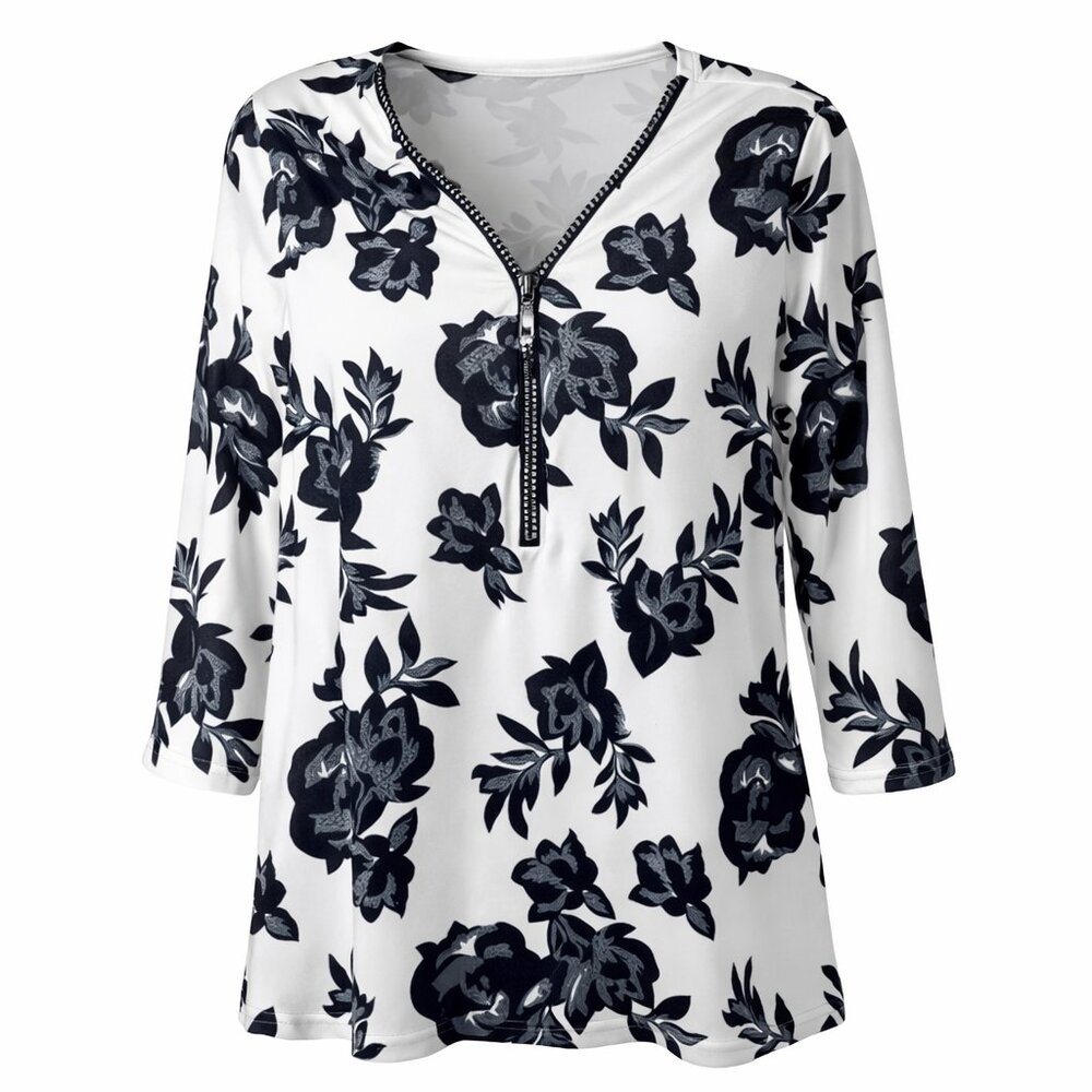 TANGO MANGO Tunic bold floral print sparkly rhinestone artsy s. L. 3/4 sleeves.